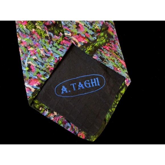 $245 A. Taghi Silk Designer Mens Tie Italy Abstract Teal Pink Artistic Pink - Picture 4 of 9